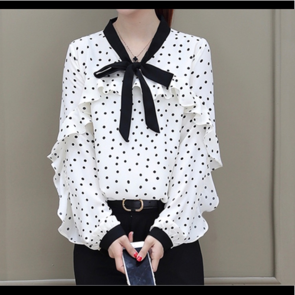 New L-XL Size Top Women Blouse Shirt White Chiffon